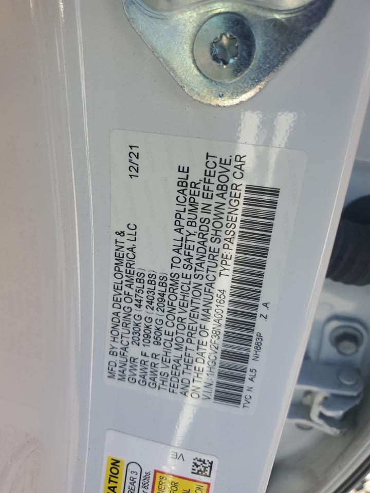 2022 HONDA ACCORD SPORT VIN:1HGCV2F38NA001654