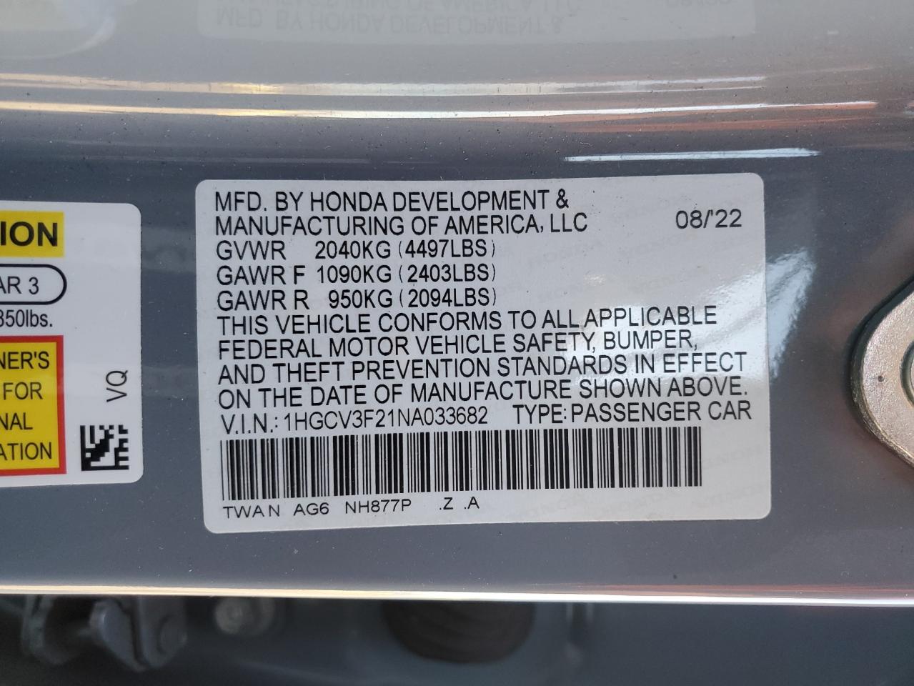 2022 HONDA ACCORD HYBRID SPORT VIN:1HGCV3F21NA033682