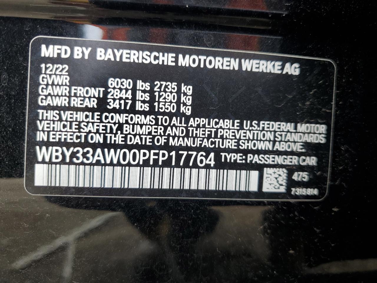 2023 BMW I4 M50 VIN:WBY33AW00PFP17764