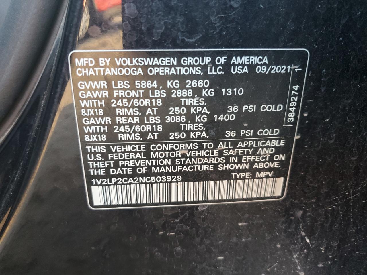 2022 VOLKSWAGEN ATLAS SE VIN:1V2LP2CA2NC503929