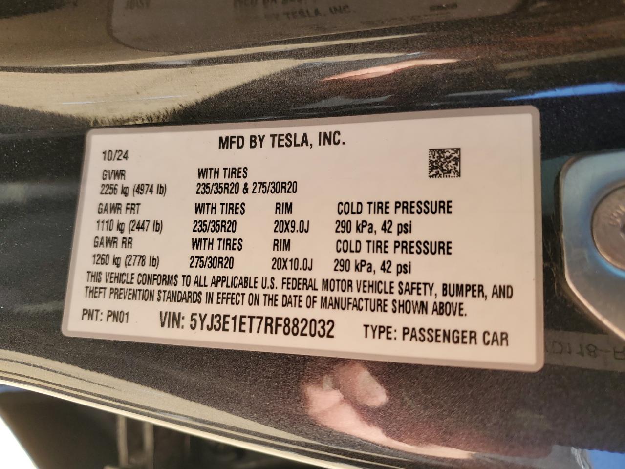 2024 TESLA MODEL 3  VIN:5YJ3E1ET7RF882032