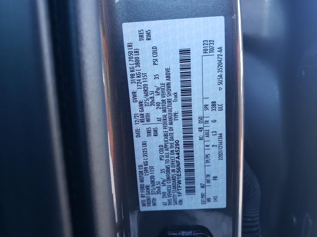 2022 FORD F150 SUPERCREW VIN:1FTFW1E56NFA45290