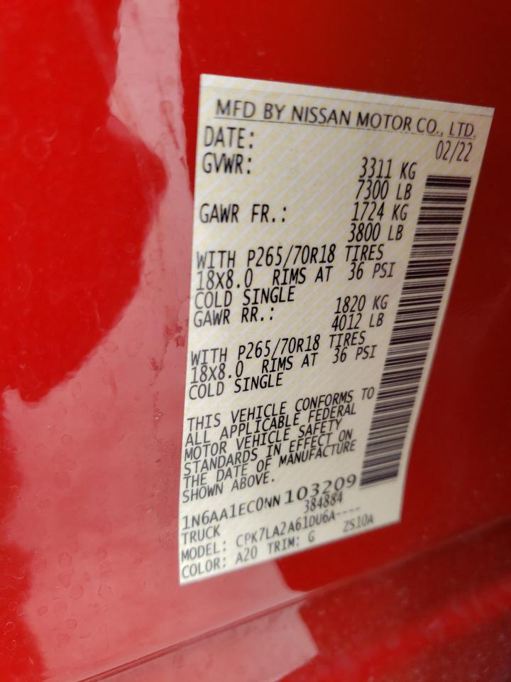 2022 NISSAN TITAN S VIN:1N6AA1EC0NN103209