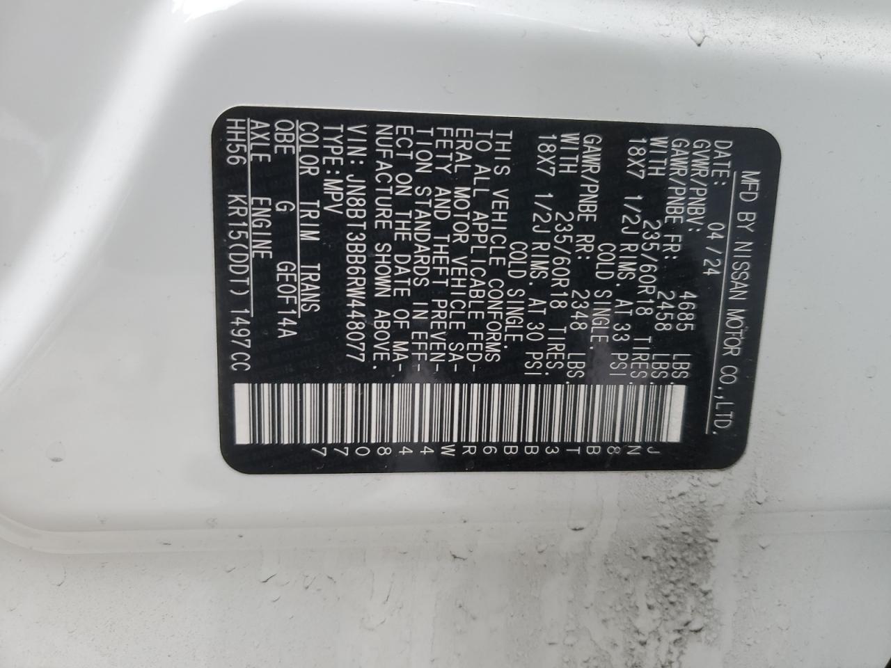 2024 NISSAN ROGUE SV VIN:JN8BT3BB6RW448077