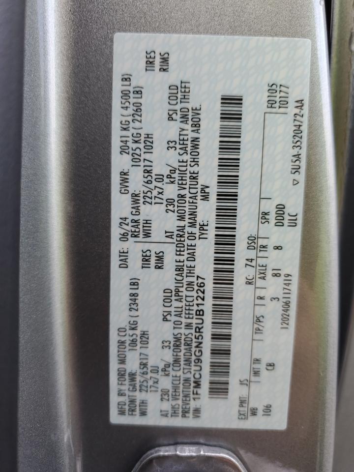 2024 FORD ESCAPE ACTIVE VIN:1FMCU9GN5RUB12267