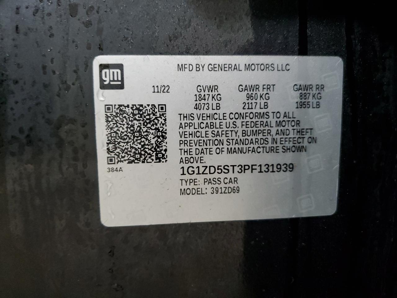 2023 CHEVROLET MALIBU LT VIN:1G1ZD5ST3PF131939