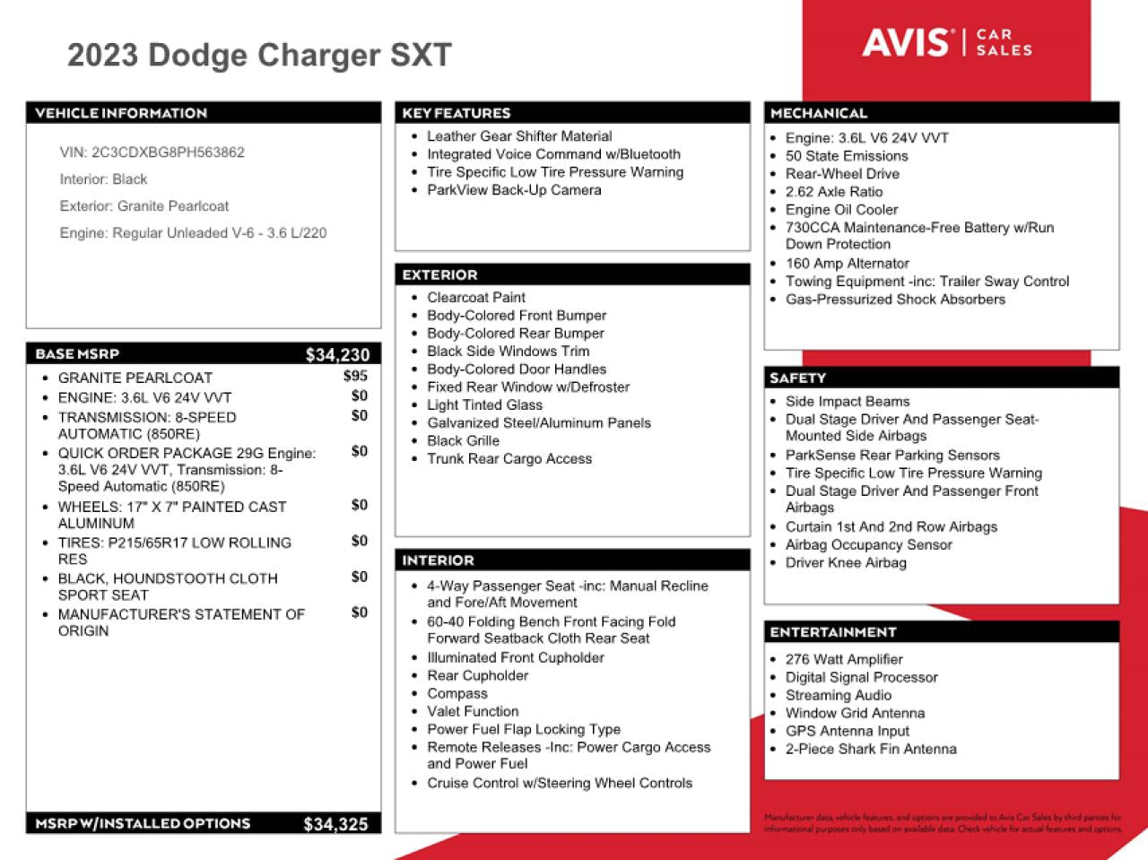 2023 DODGE CHARGER SXT VIN:2C3CDXBG8PH563862