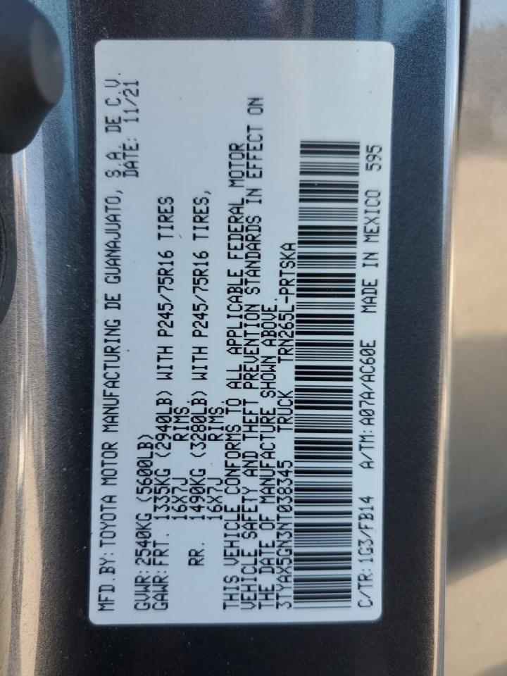 2022 TOYOTA TACOMA DOUBLE CAB VIN:3TYAX5GN3NT038345
