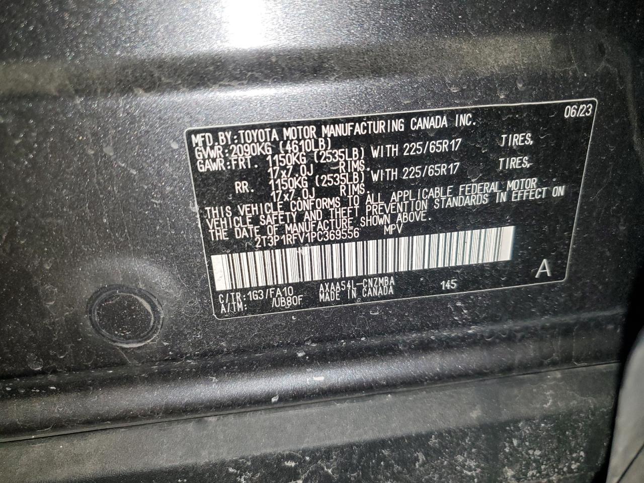 2023 TOYOTA RAV4 XLE VIN:2T3P1RFV1PC369556