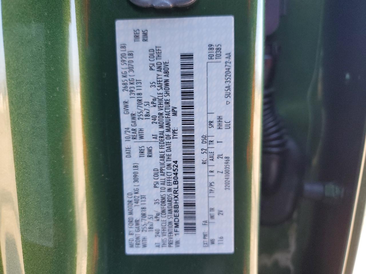 2024 FORD BRONCO OUTER BANKS VIN:1FMDE8BHXRLB04524