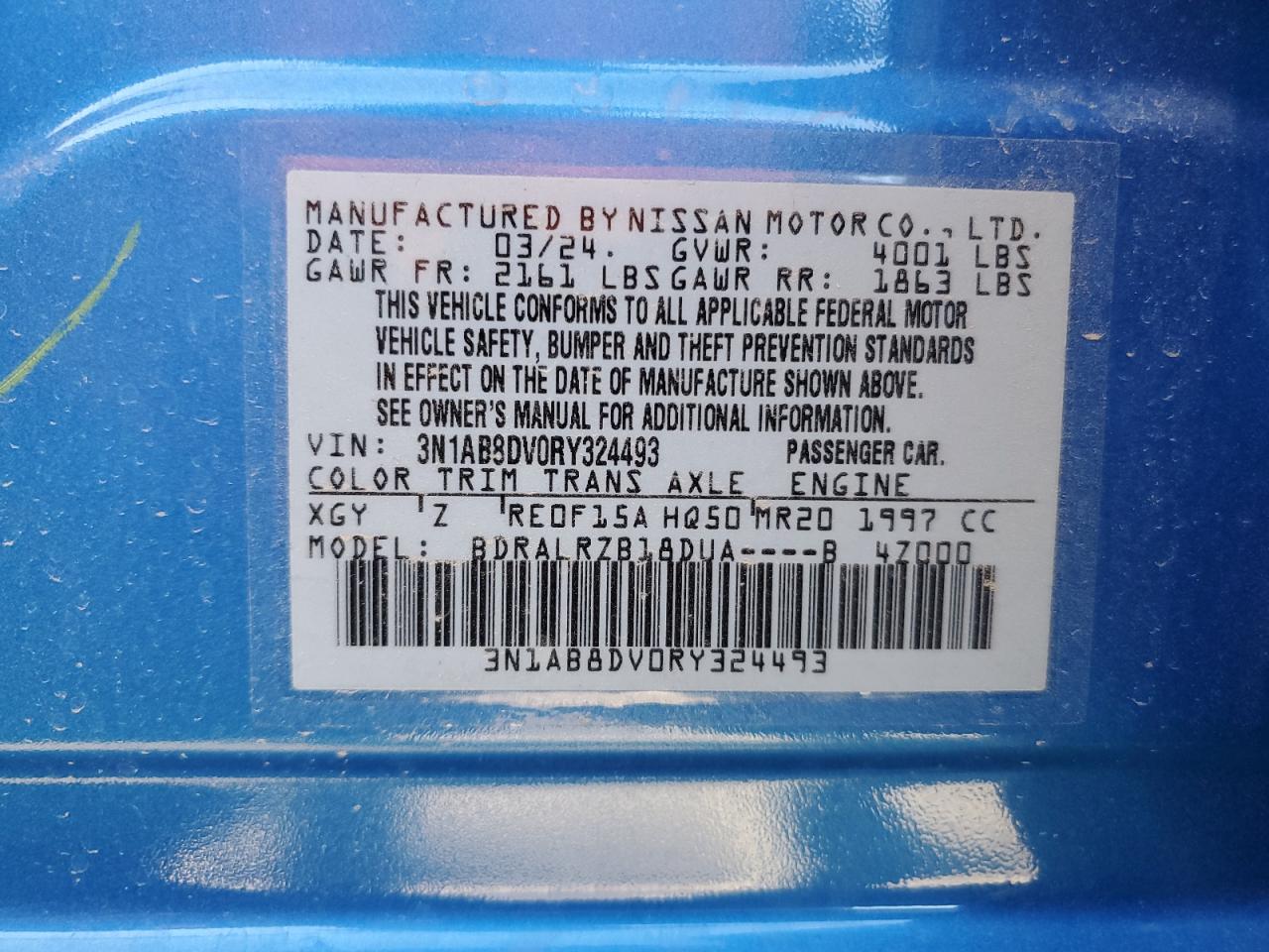 2024 NISSAN SENTRA SR VIN:3N1AB8DV0RY324493