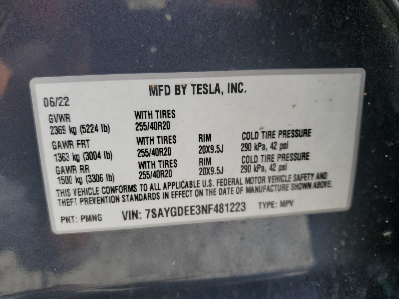 2022 TESLA MODEL Y  VIN:7SAYGDEE3NF481223