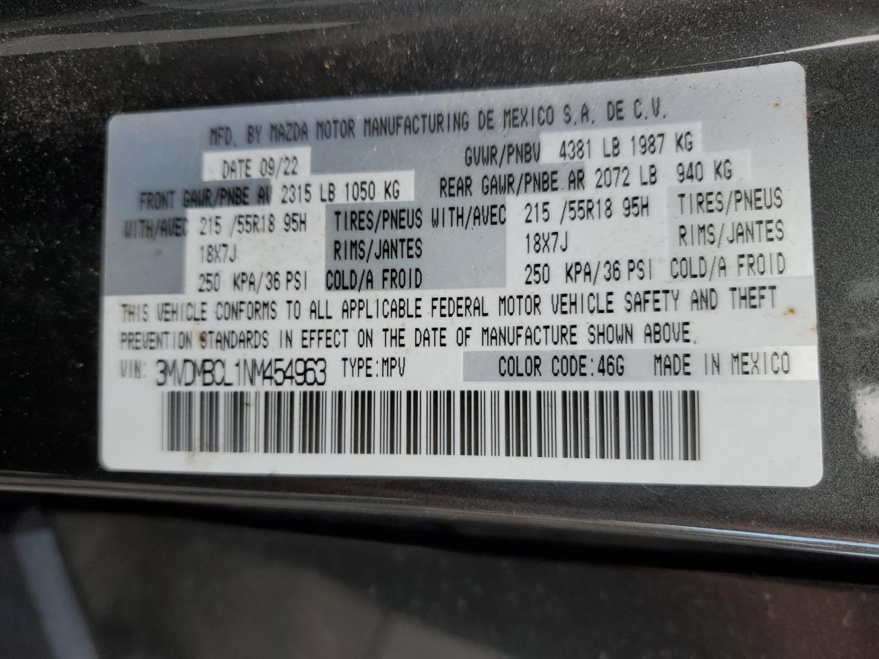 2022 MAZDA CX-30 PREFERRED VIN:3MVDMBCL1NM454963