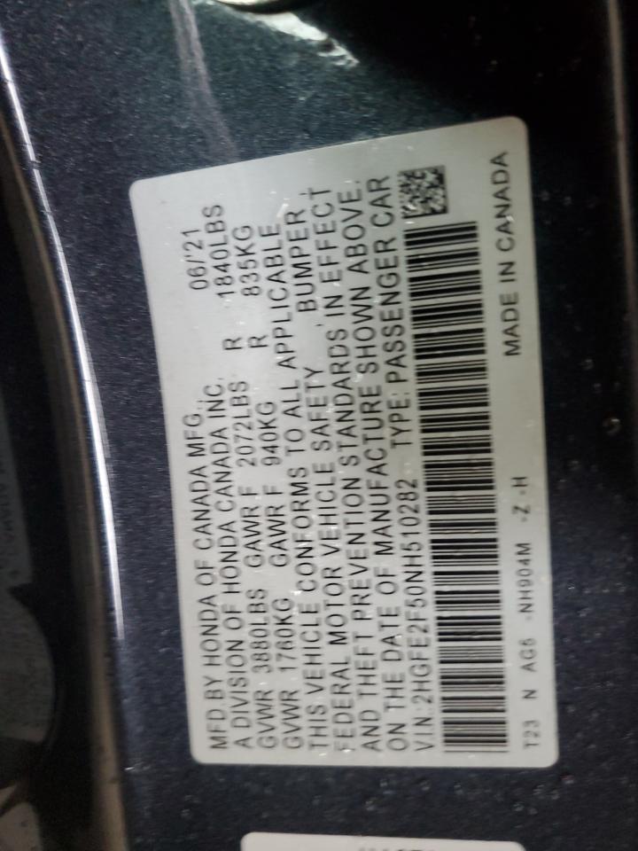 2022 HONDA CIVIC SPORT VIN:2HGFE2F50NH510282