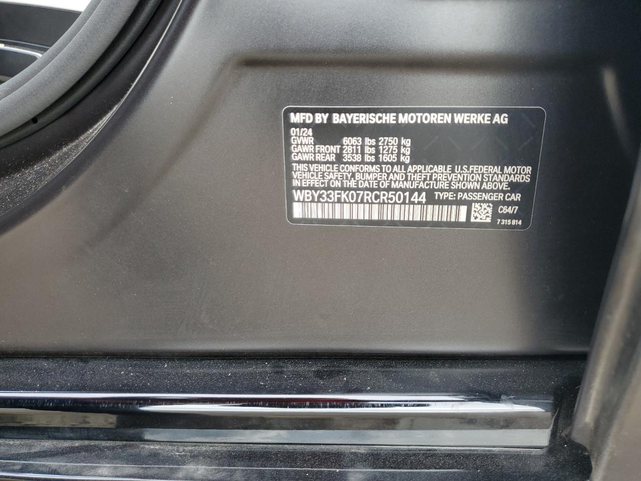 2024 BMW I5 EDRIVE 40 VIN:WBY33FK07RCR50144