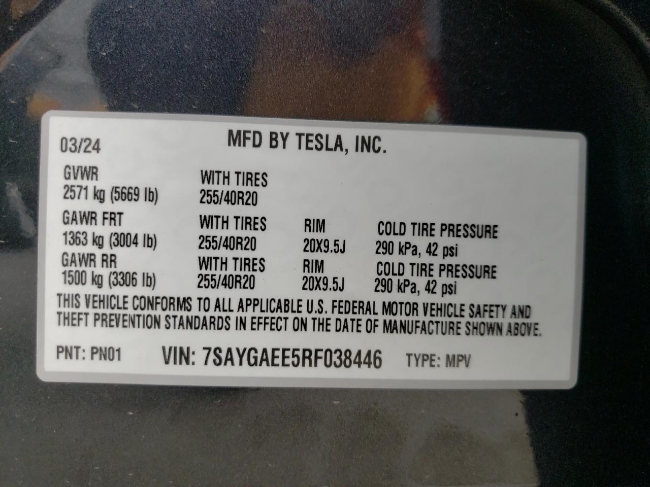 2024 TESLA MODEL Y  VIN:7SAYGAEE5RF038446