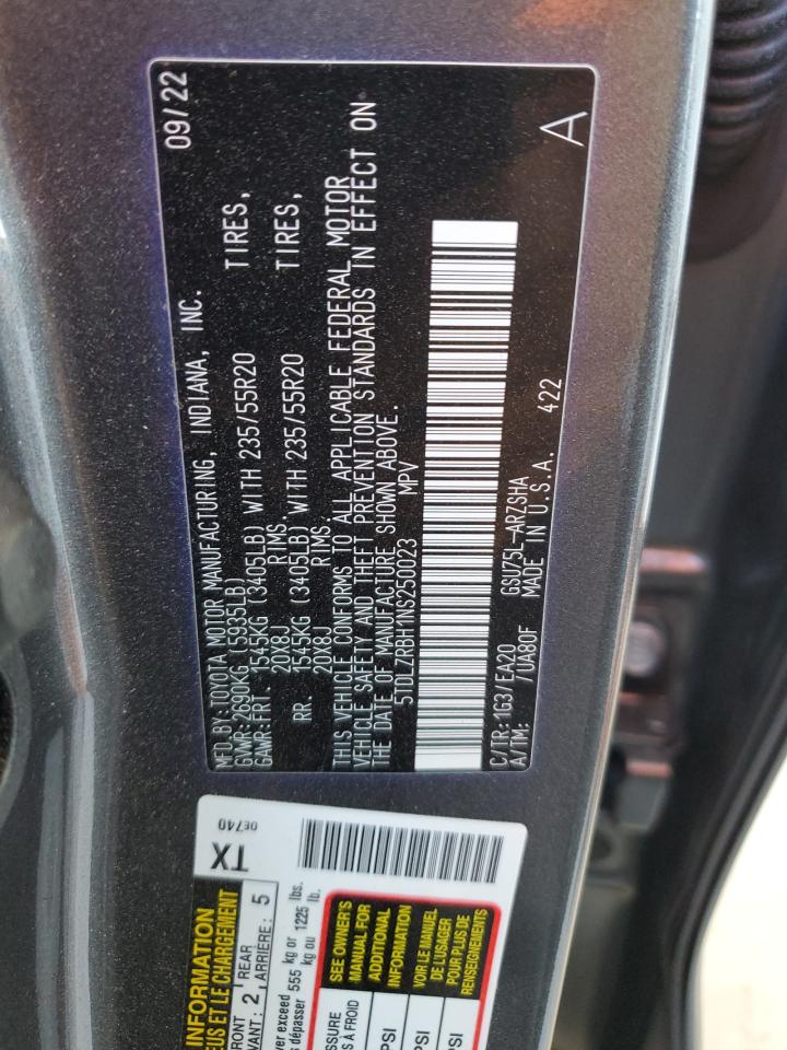 2022 TOYOTA HIGHLANDER XSE VIN:5TDLZRBH1NS250023