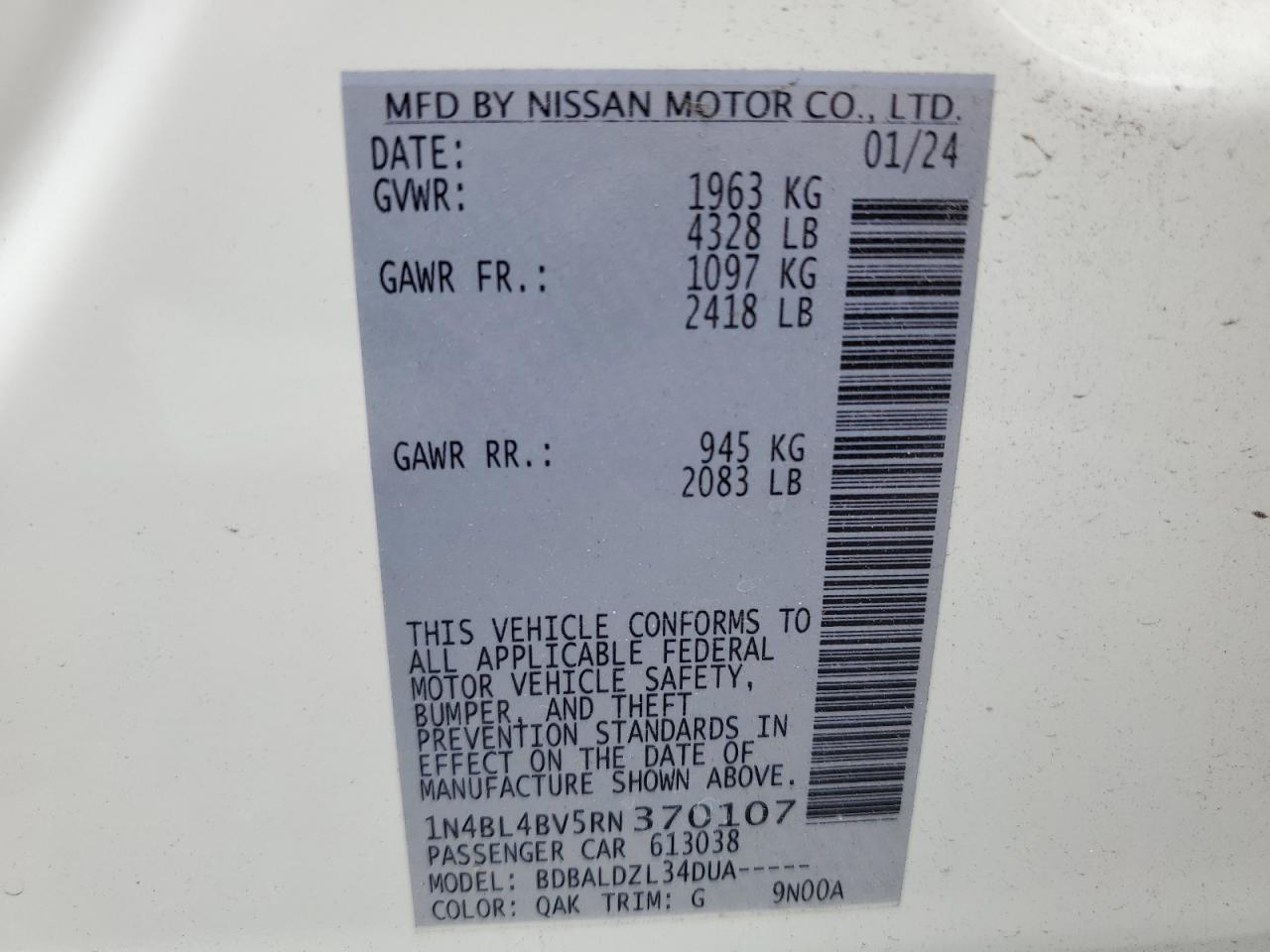 2024 NISSAN ALTIMA S VIN:1N4BL4BV5RN370107