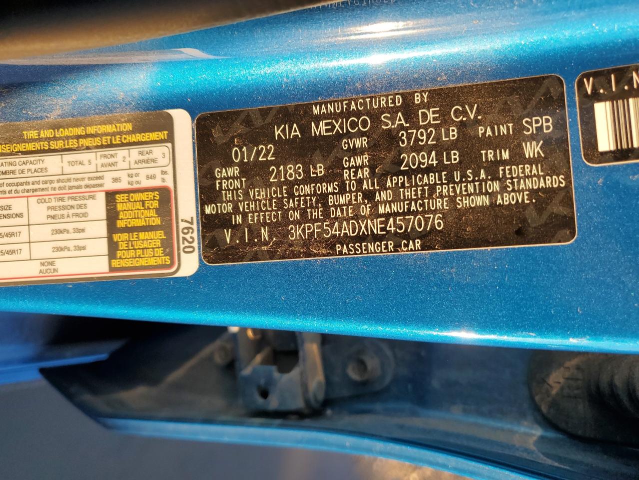 2022 KIA FORTE GT LINE VIN:3KPF54ADXNE457076