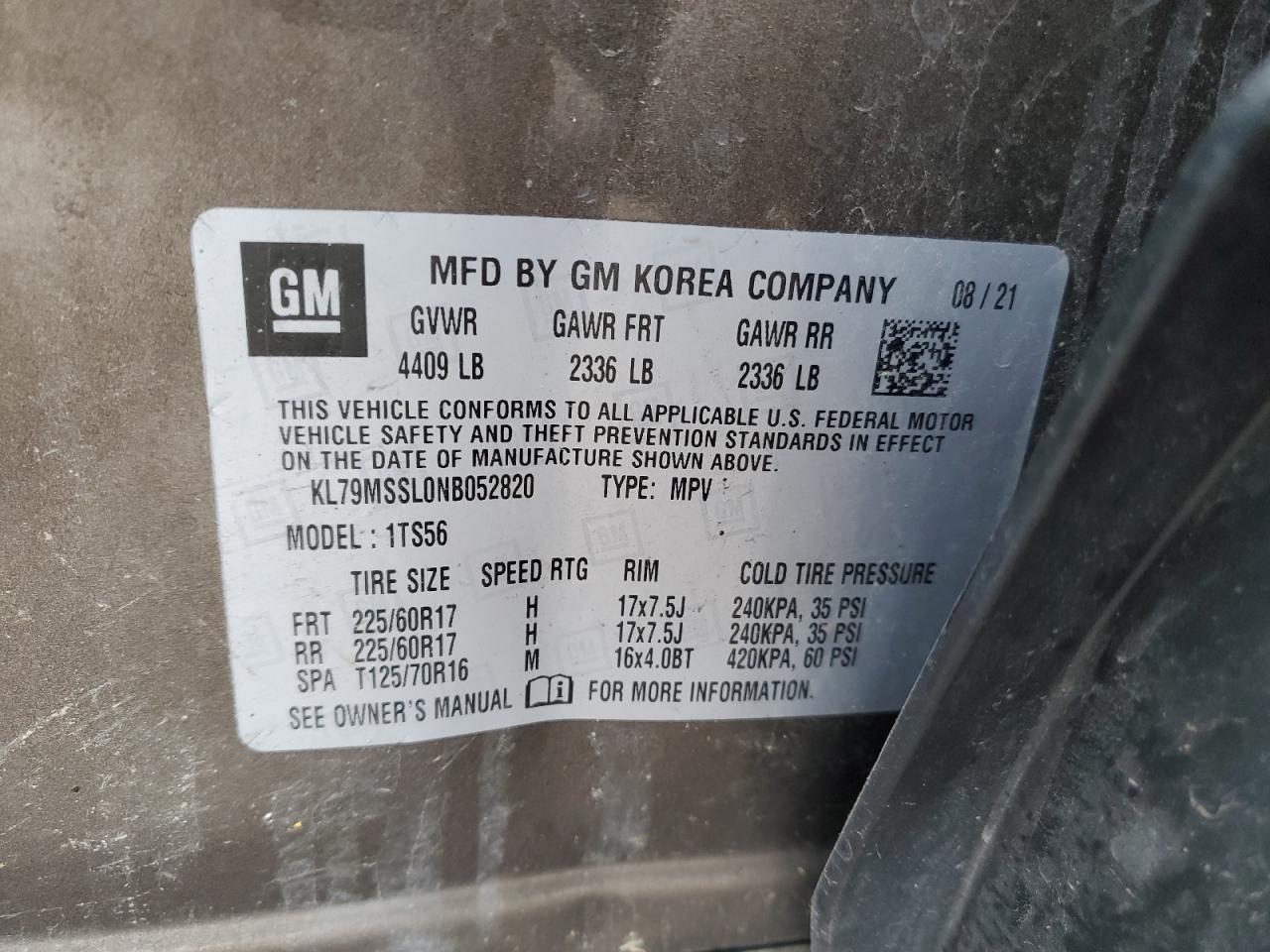 2022 CHEVROLET TRAILBLAZER ACTIV VIN:KL79MSSL0NB052820