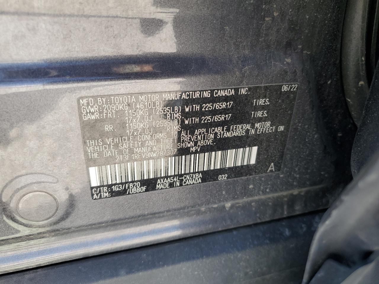 2022 TOYOTA RAV4 LE VIN:2T3F1RFV9NW287307