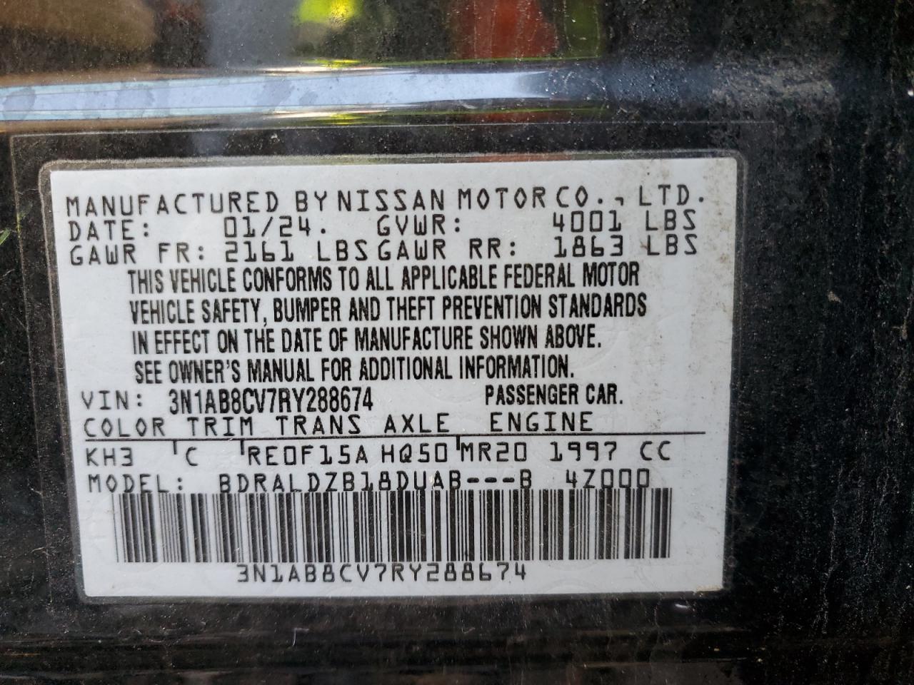 2024 NISSAN SENTRA SV VIN:3N1AB8CV7RY288674