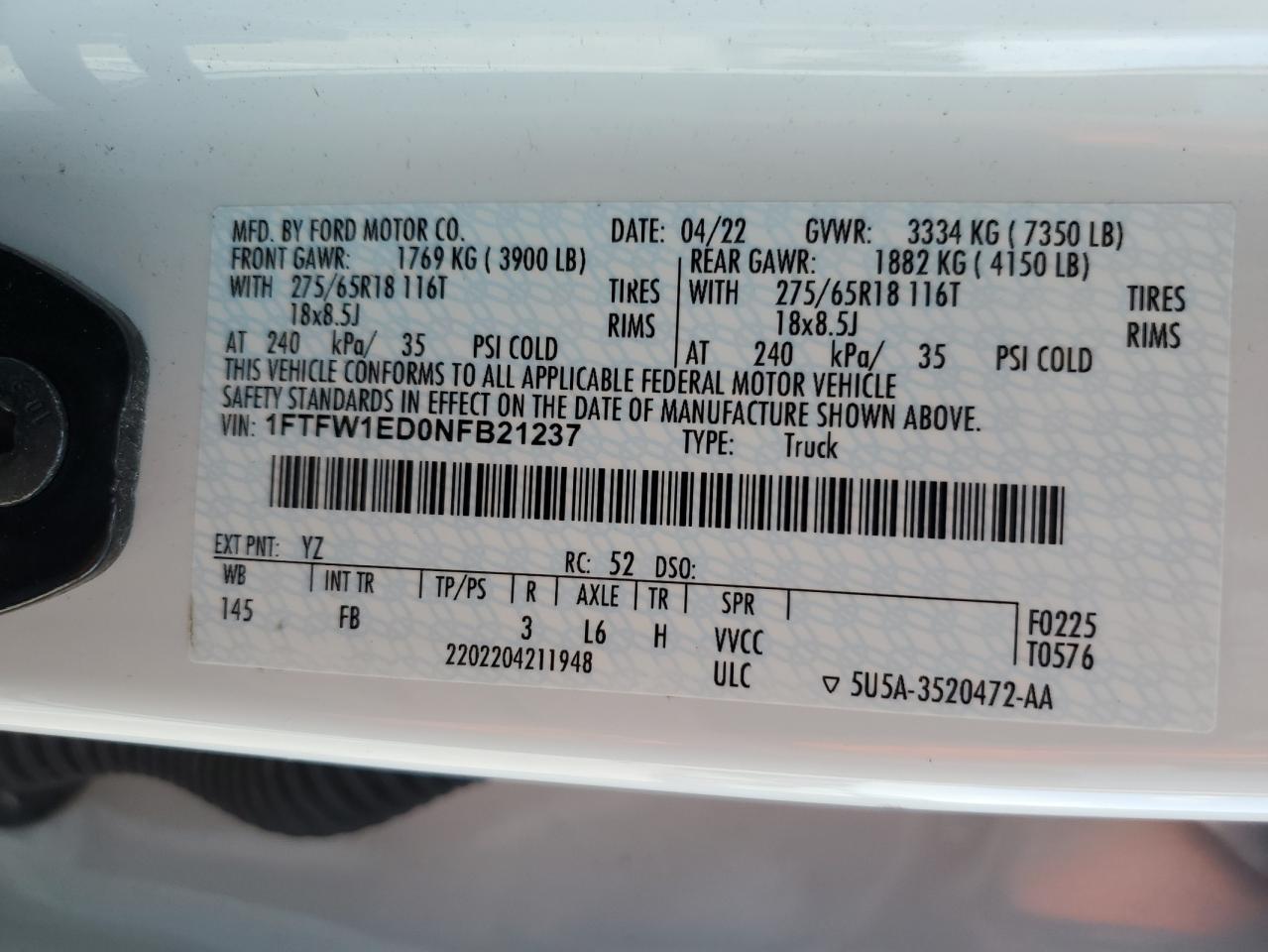 2022 FORD F150 SUPERCREW VIN:1FTFW1ED0NFB21237