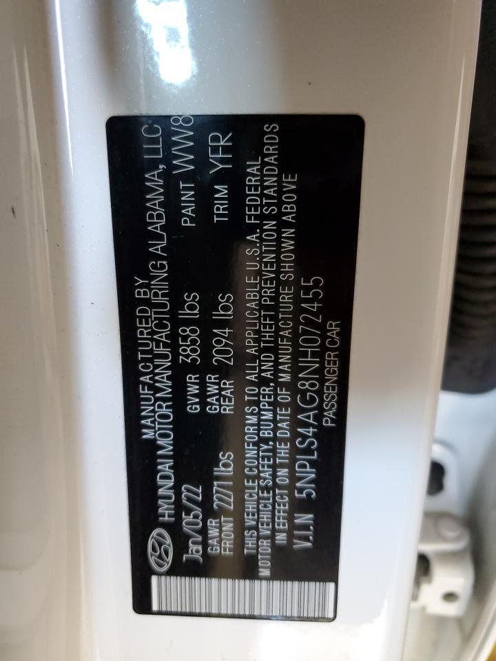 2022 HYUNDAI ELANTRA SEL VIN:5NPLS4AG8NH072455
