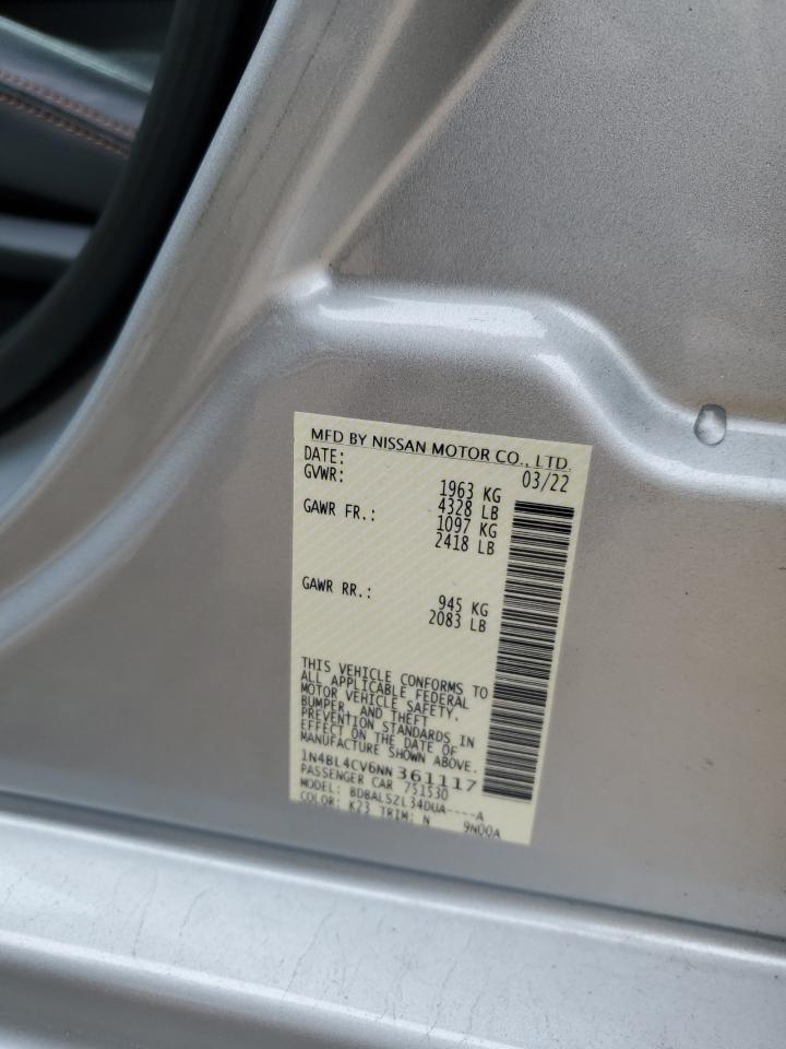 2022 NISSAN ALTIMA SR VIN:1N4BL4CV6NN361117