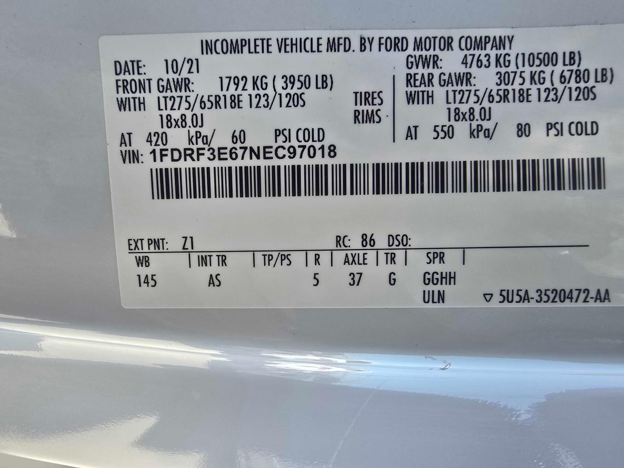 2022 FORD F350 SUPER DUTY VIN:1FDRF3E67NEC97018