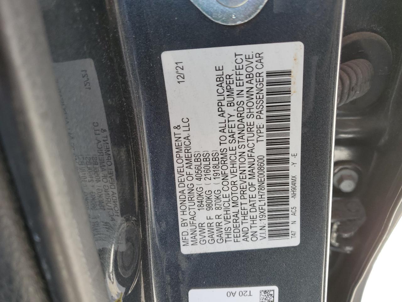 2022 HONDA CIVIC EXL VIN:19XFL1H78NE008600