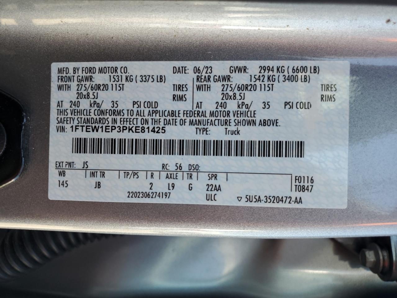 2023 FORD F150 SUPERCREW VIN:1FTEW1EP3PKE81425