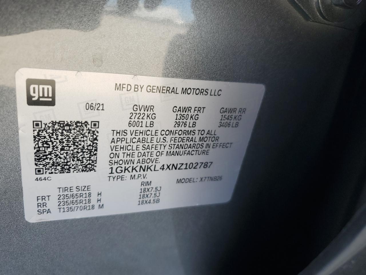 2022 GMC ACADIA SLE VIN:1GKKNKL4XNZ102787