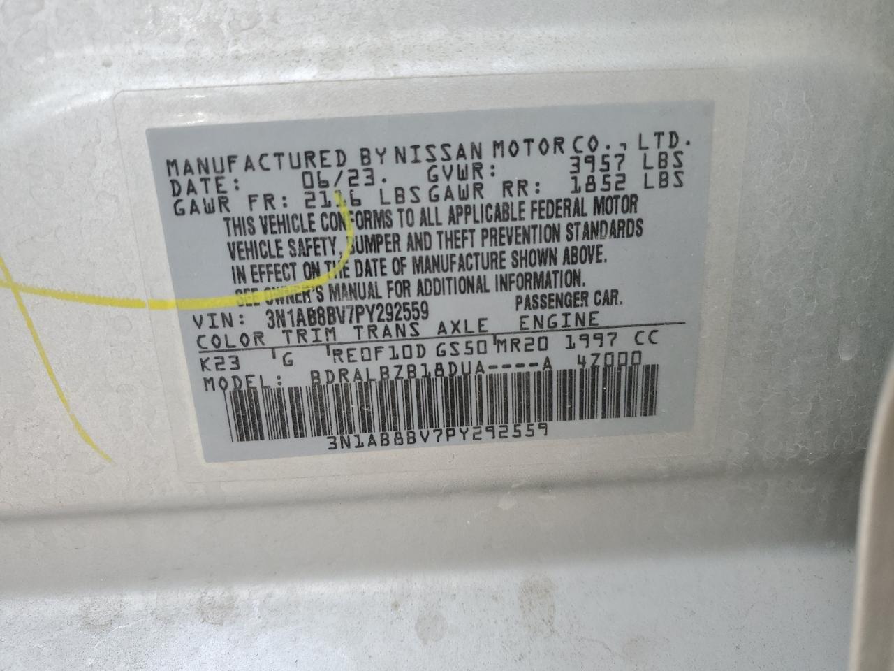 2023 NISSAN SENTRA S VIN:3N1AB8BV7PY292559