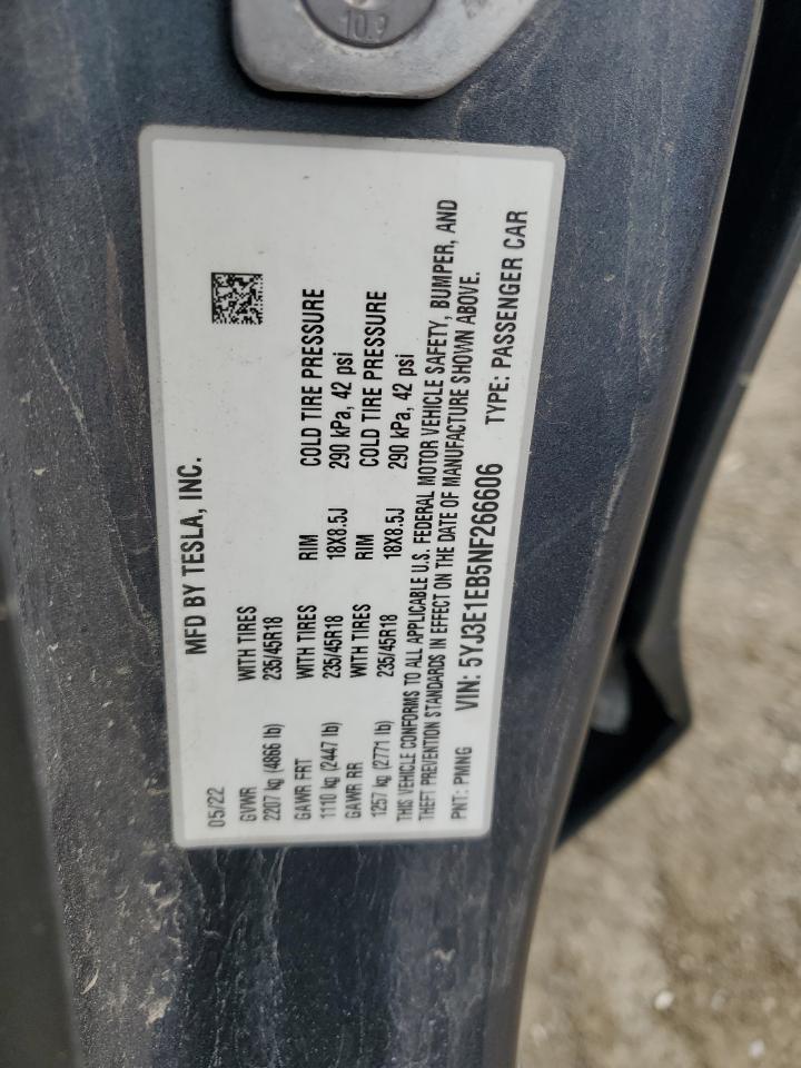 2022 TESLA MODEL 3  VIN:5YJ3E1EB5NF266606