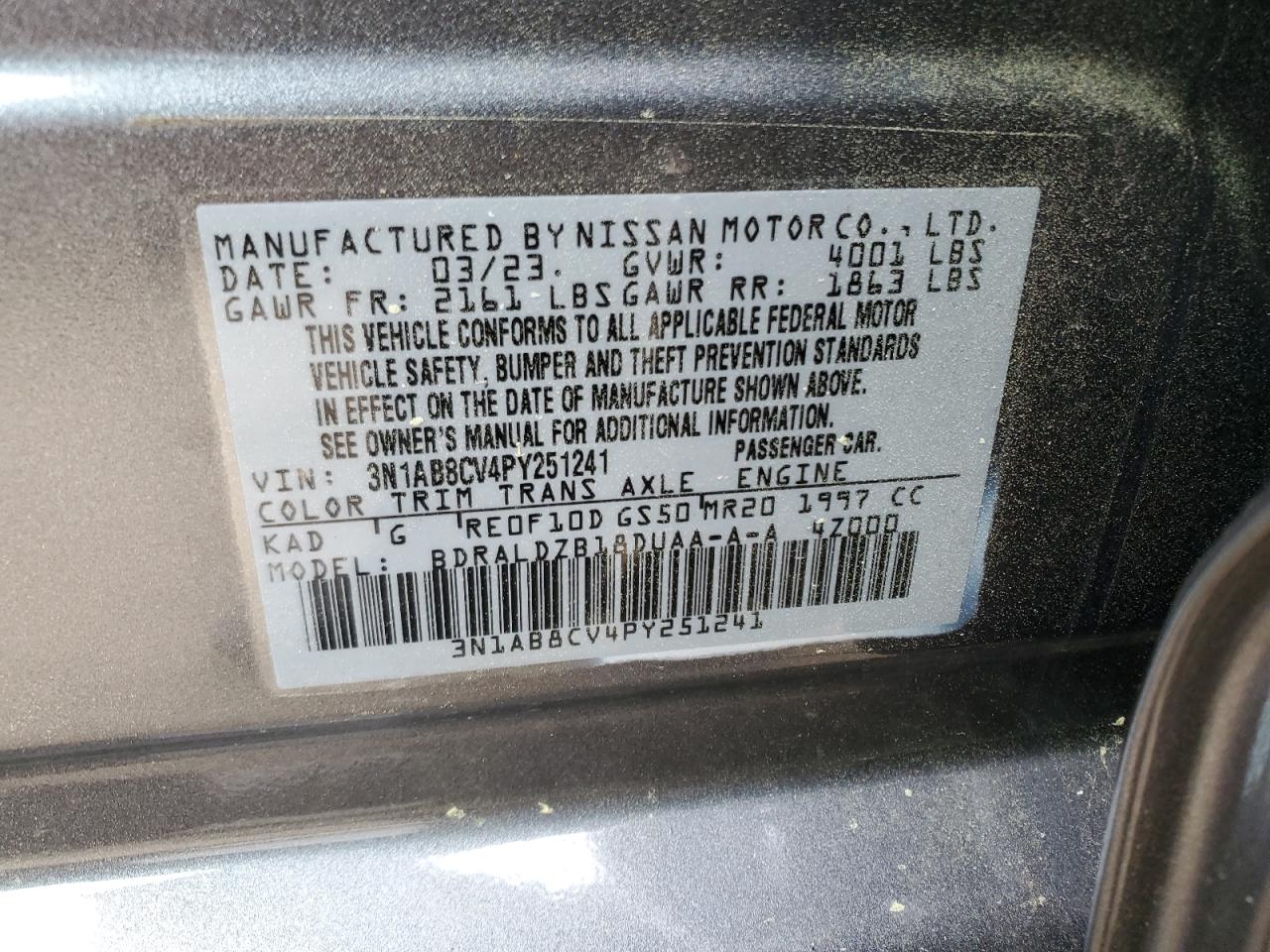 2023 NISSAN SENTRA SV VIN:3N1AB8CV4PY251241