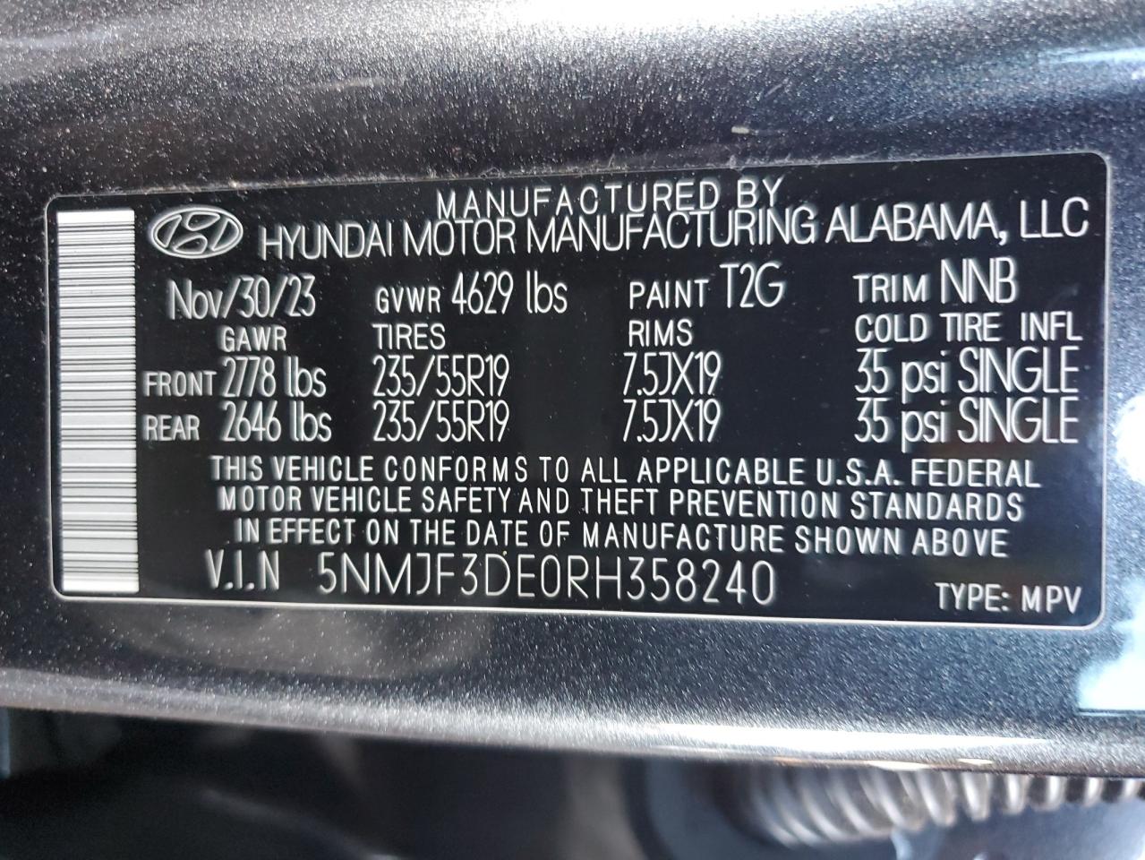 2024 HYUNDAI TUCSON SEL VIN:5NMJF3DE0RH358240