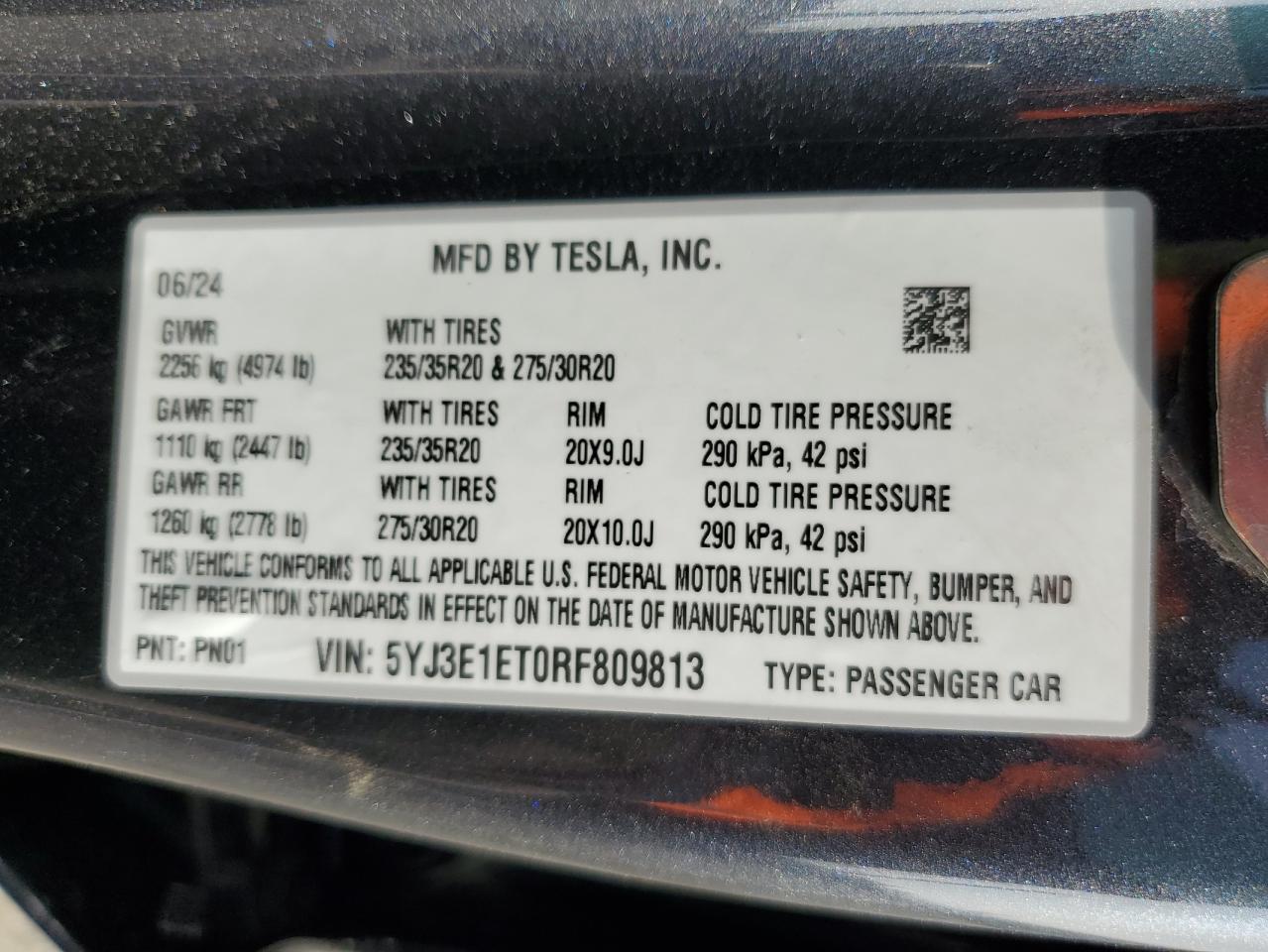 2024 TESLA MODEL 3  VIN:5YJ3E1ET0RF809813