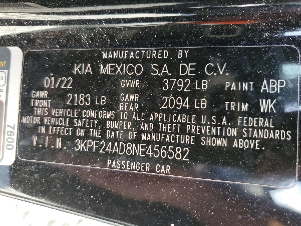 2022 KIA FORTE FE VIN:3KPF24AD8NE456582