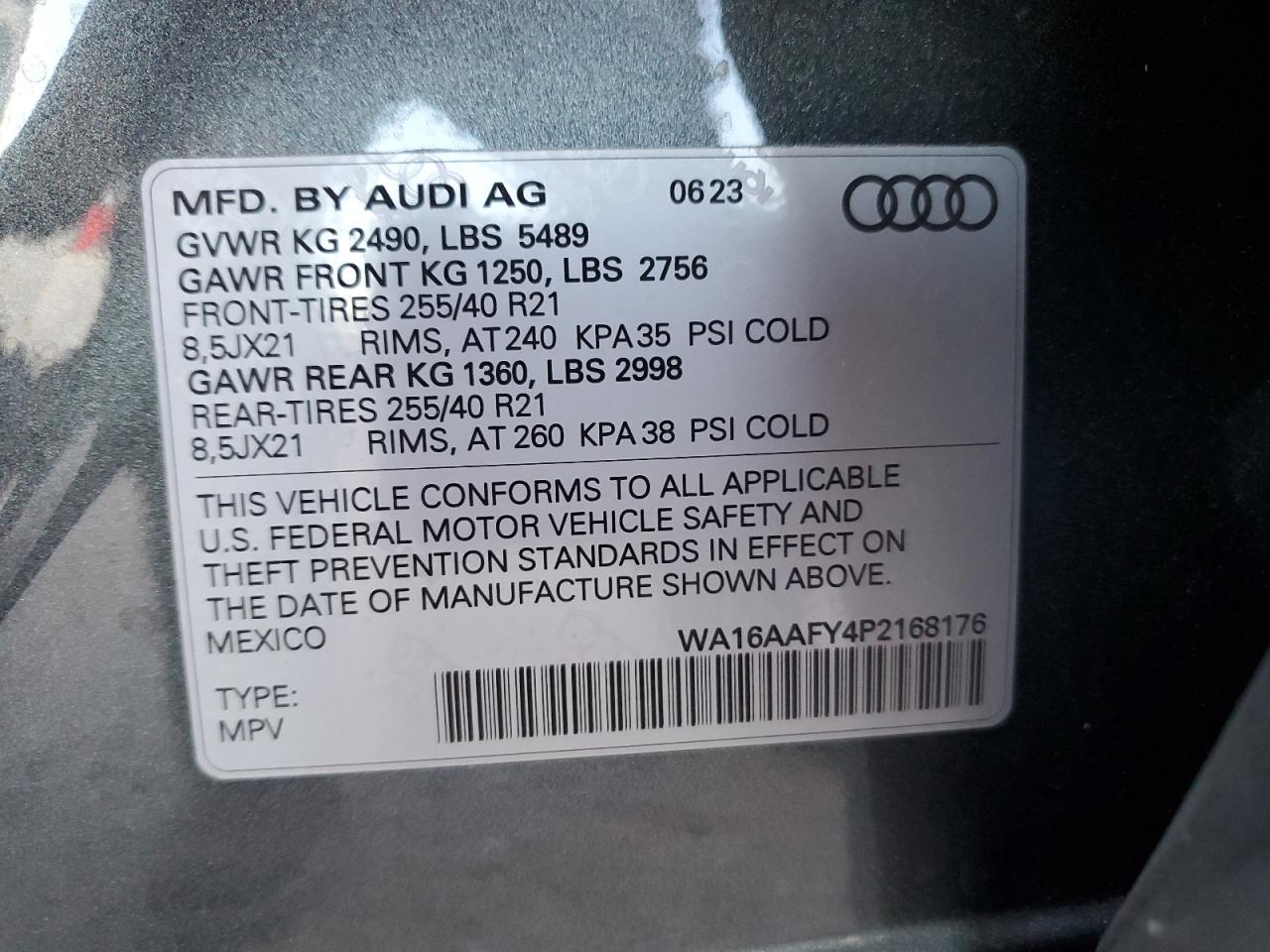 2023 AUDI Q5 SPORTBACK PRESTIGE 45 VIN:WA16AAFY4P2168176