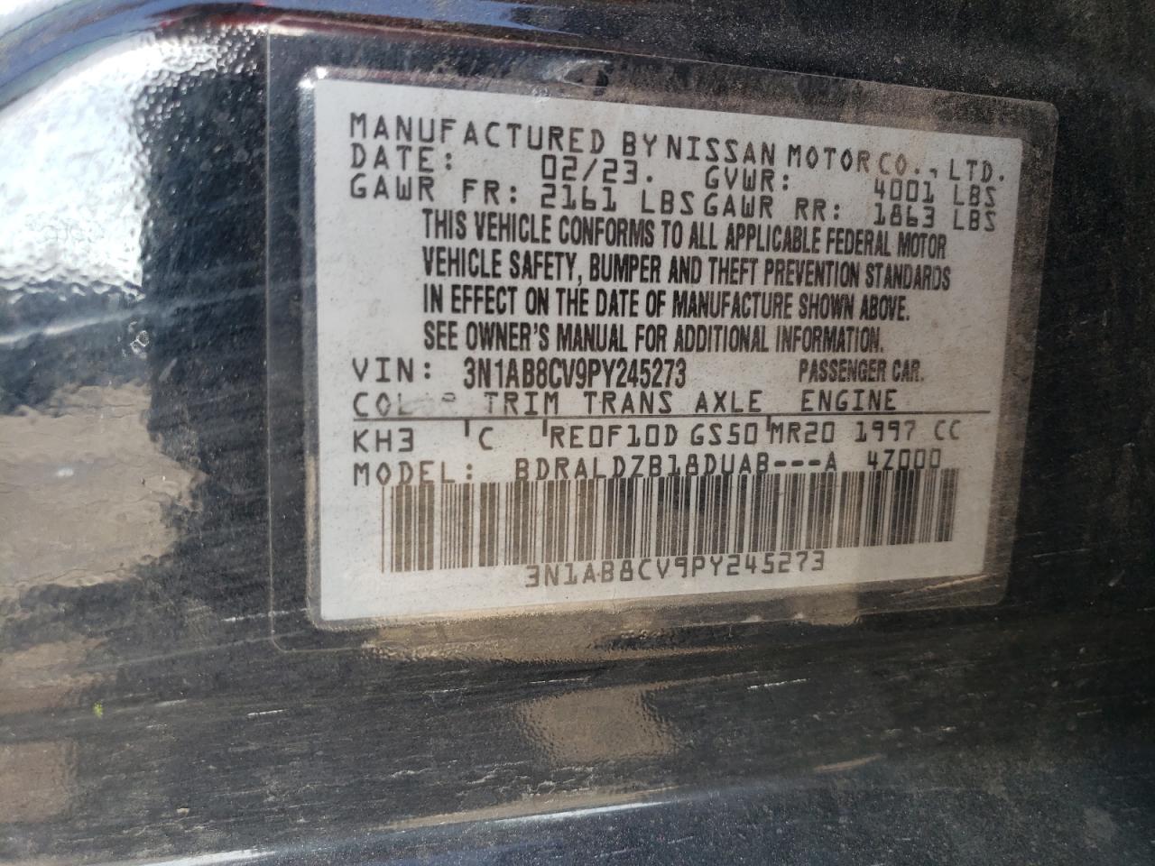 2023 NISSAN SENTRA SV VIN:3N1AB8CV9PY245273