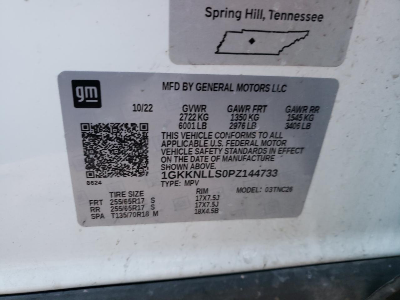 2023 GMC ACADIA AT4 VIN:1GKKNLLS0PZ144733