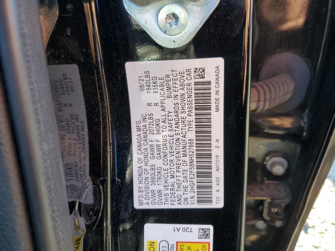 2022 HONDA CIVIC SPORT VIN:2HGFE2F58NH527668