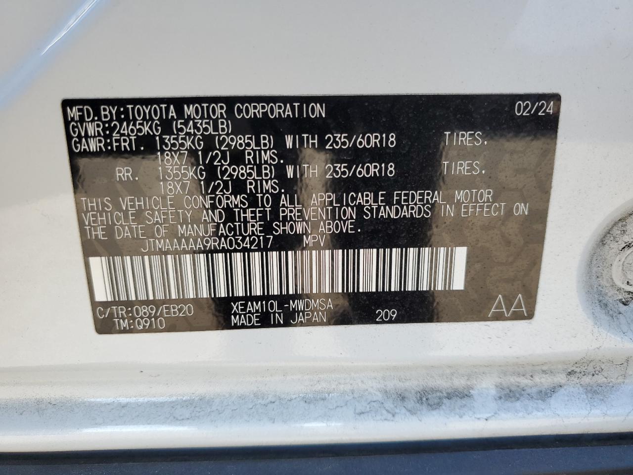 2024 TOYOTA BZ4X XLE VIN:JTMAAAAA9RA034217