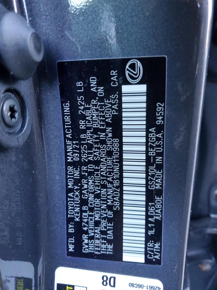 2022 LEXUS ES 350 BASE VIN:58ADZ1B10NU110988