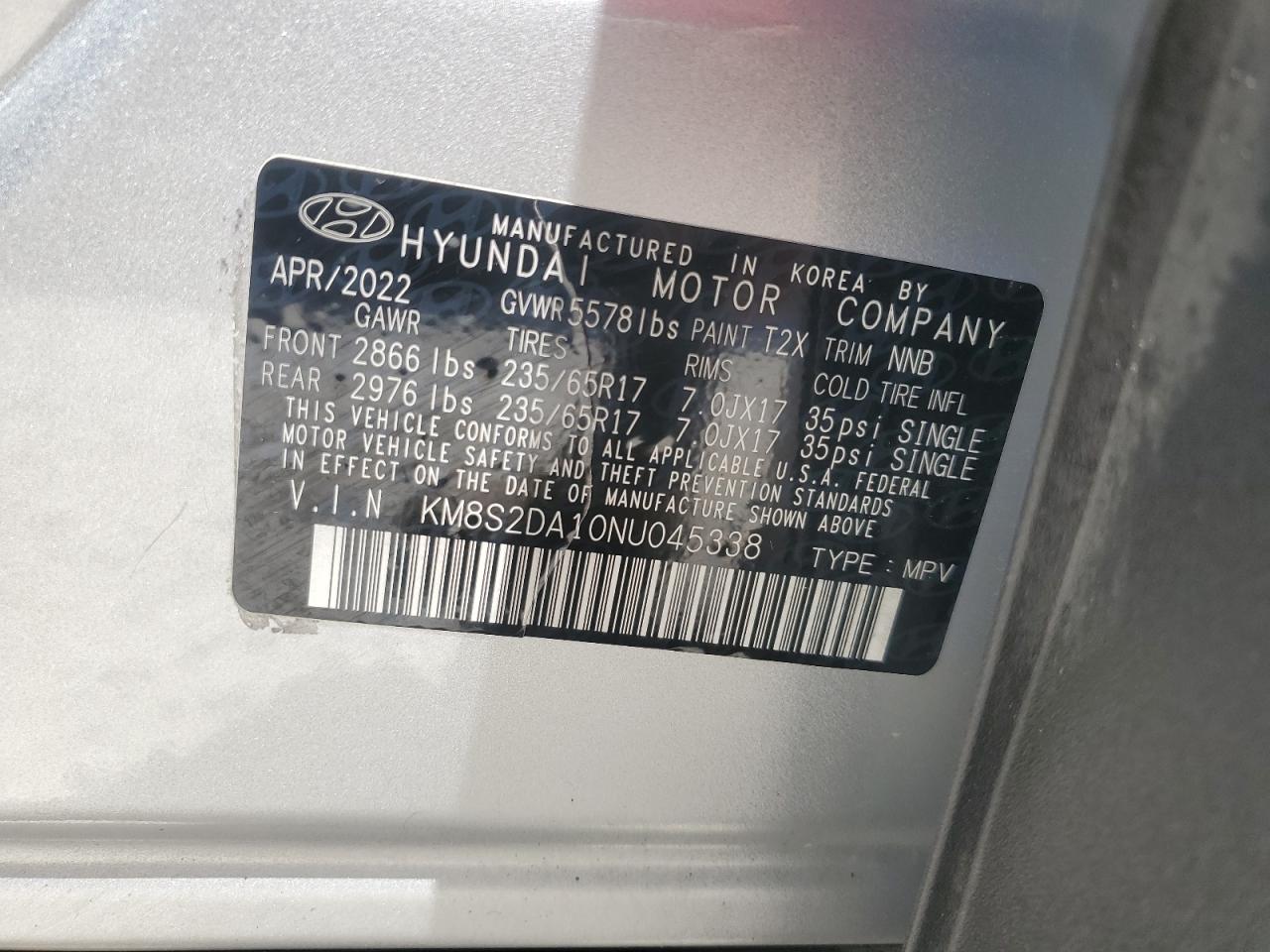 2022 HYUNDAI SANTA FE BLUE VIN:KM8S2DA10NU045338