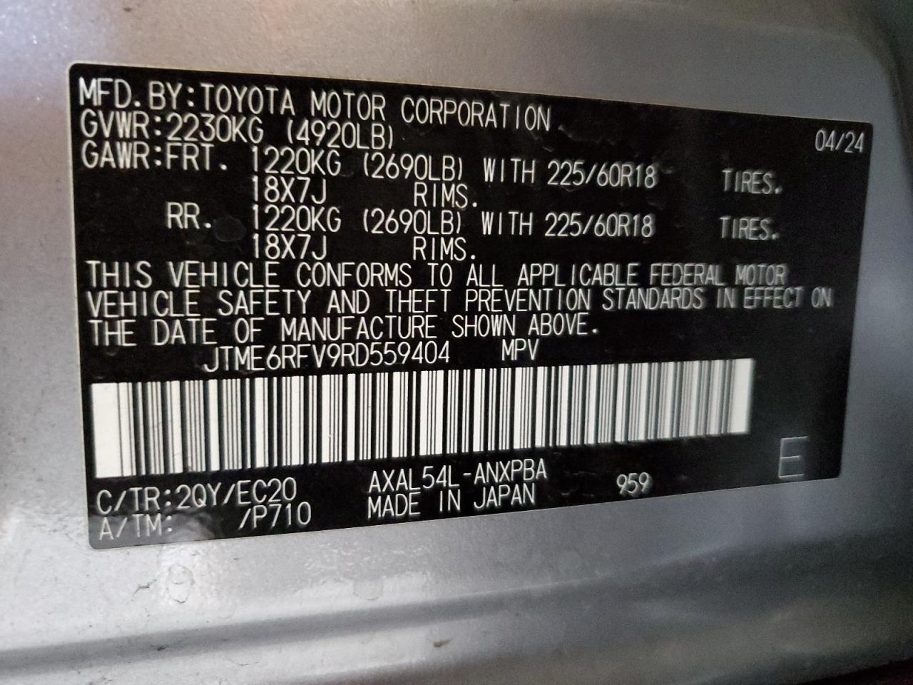 2024 TOYOTA RAV4 XSE VIN:JTME6RFV9RD559404