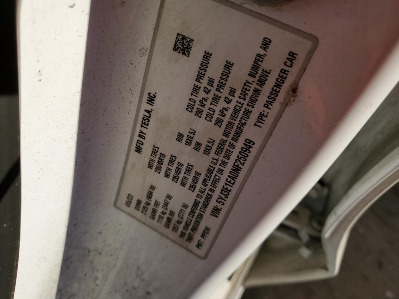2022 TESLA MODEL 3  VIN:5FNRL38436B122045