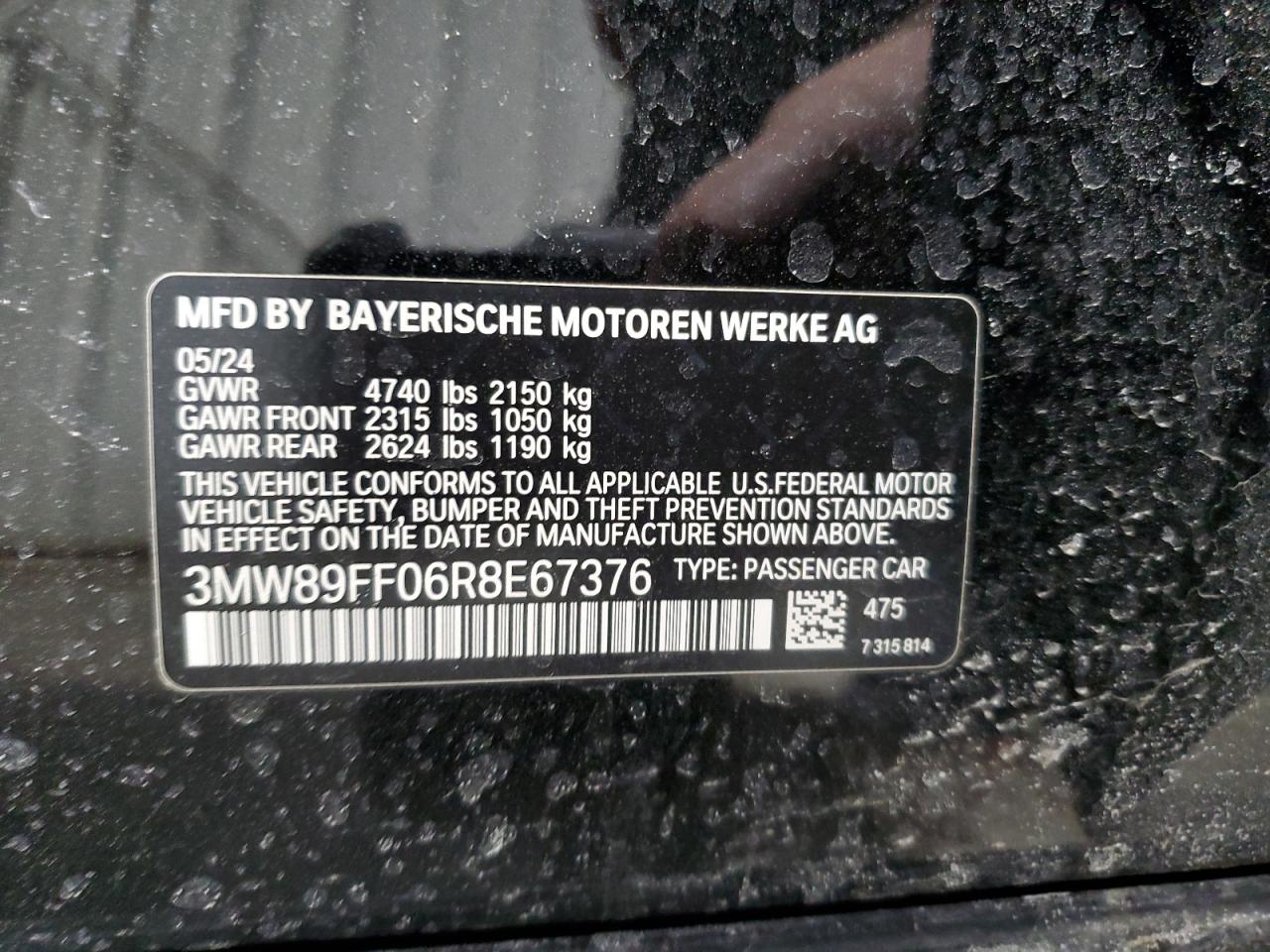 2024 BMW 330XI VIN:3MW89FF06R8E67376