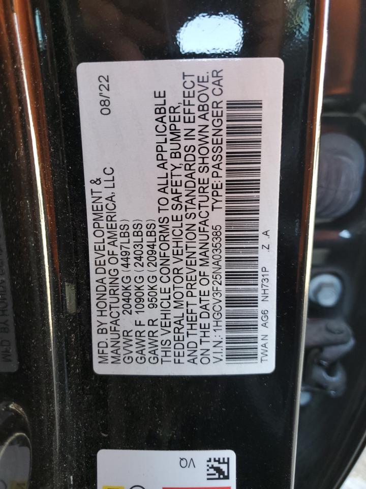 2022 HONDA ACCORD HYBRID SPORT VIN:1HGCV3F25NA035385